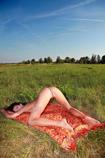 Обнаженная и милая брюнетка Nikita Black показывает гладкую киску на красной простыне, на траве